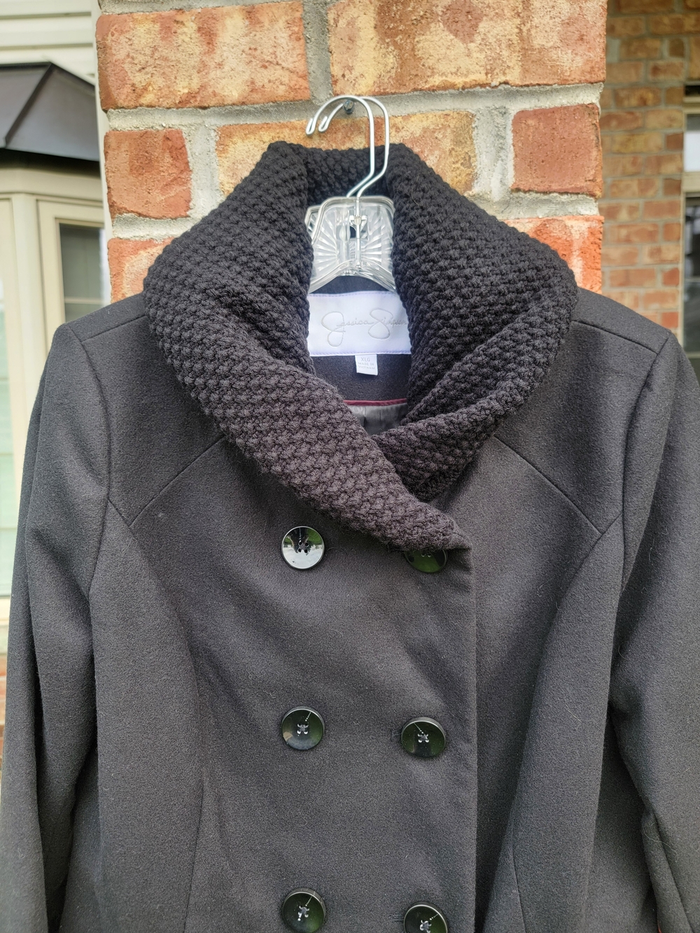 Jessica Simpson Long Black Double-Breasted Pea Coat with Textured Shawl Collar - Picture 2 of 10